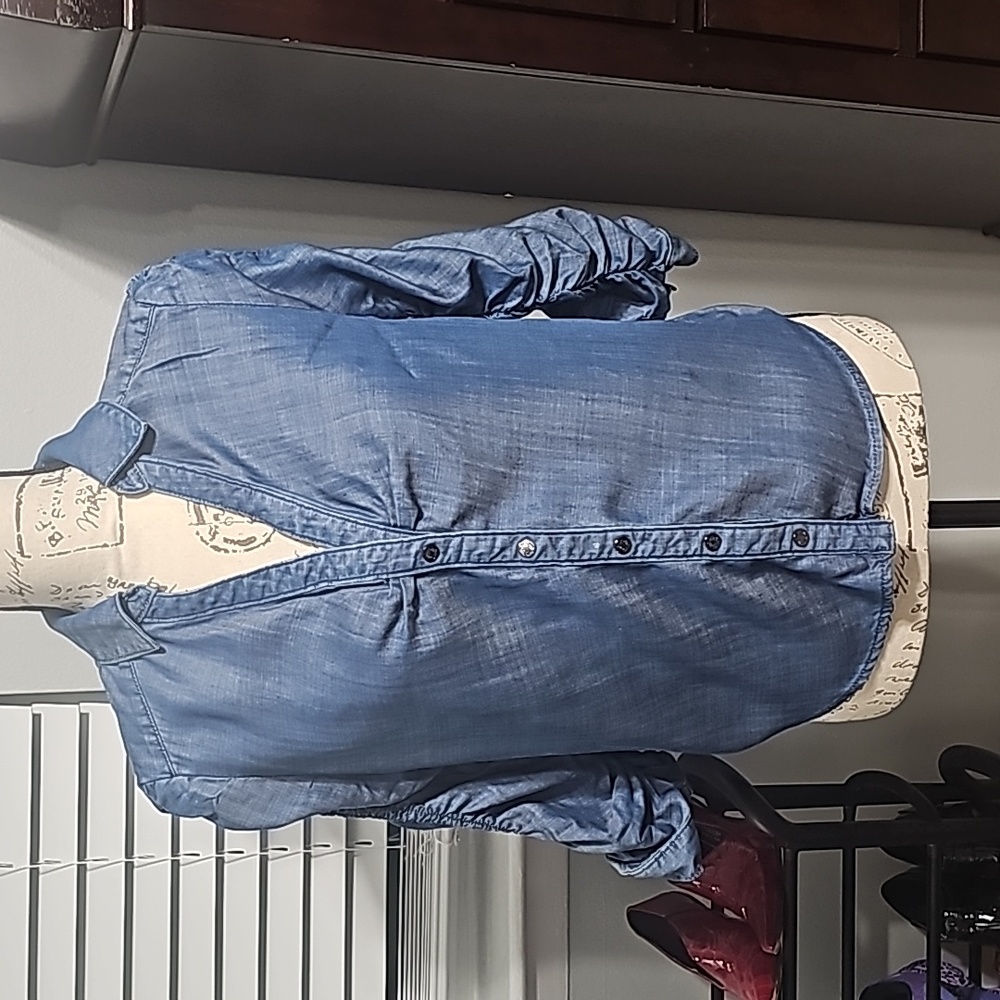 WHBM Elbow Sleeve Smocked Denim Shirt